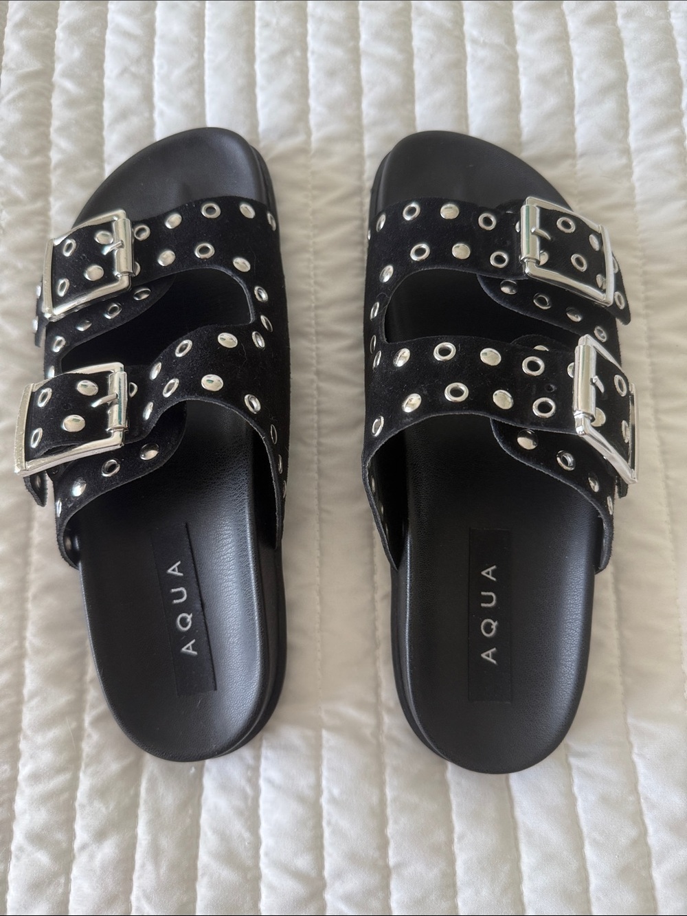 Aqua Black Double-Buckle Slide Sandals with Silver Eyelets